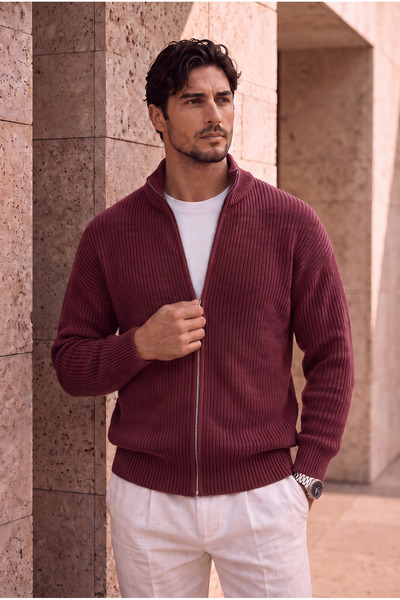 Valiberta Woody Oversized Brioche Knit Zip-Up Men's Cardigan - Burgundy