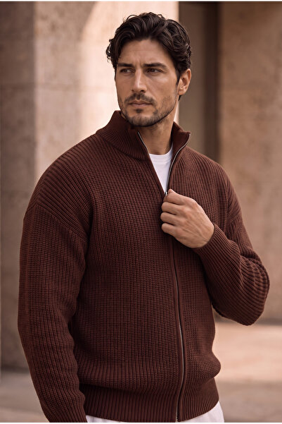 Valiberta Cardigan pentru bărbați Woody, tricot brioche, oversized, cu fermoa...
