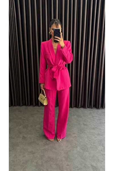 ZF BUTİK Kadın Kuşaklı Blazer Ceket Pantolon Takım Pembe