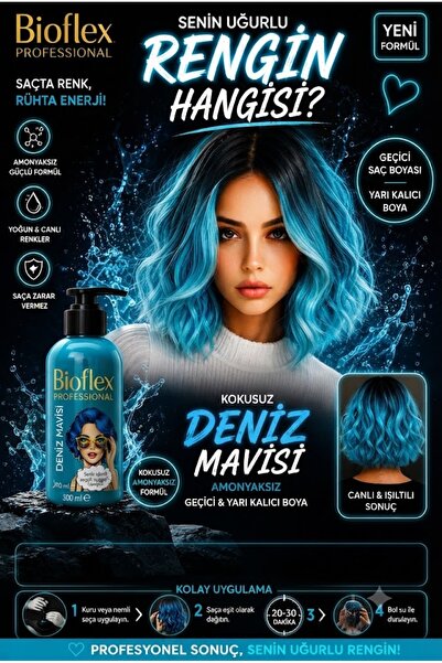 Bioflex Amonyaksız Deniz Mavisi Saç Boyası 250 ml Kokusuz Su Bazlı Geçici-ren...