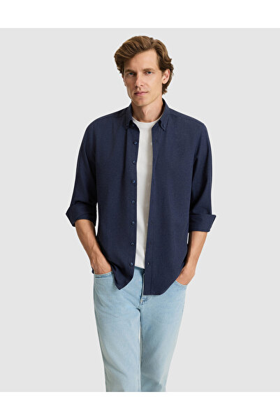 Pierre Cardin Navy Blue Flannel Textured Slim Fit Long Sleeve Shirt 50316751-...