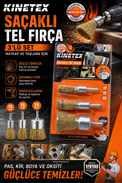 ellante Tel Fırça Seti 3'lü Matkap Uyumlu Tel Fırça Aparatı 12mm 16mm 25mm Pa...