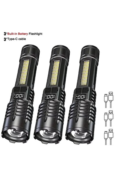 Choice Black 3pcs Super Bright COB LED Flashlight TYPE-C Rechargeable Zoomabl...