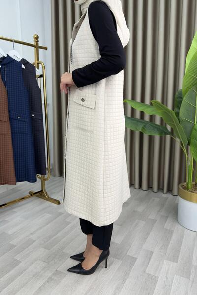 mercan moda ARUZ YELEK Vestă matlasată din material textil pentru femei, ecru, cu glugă și buzunare cu nasturi