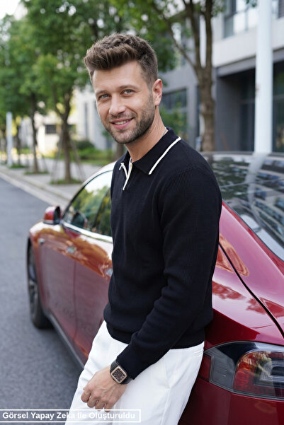 Kamalı Pulover tricotat oversize pentru bărbați, cu guler polo, model Selanik