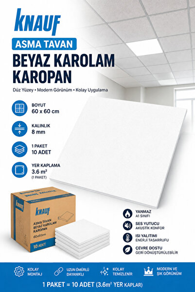 Knauf Asma Tavan Beyaz Karolam Karopan 60x60 cm 1 Pakette 10 Adet ( 3.6 m2 Ye...