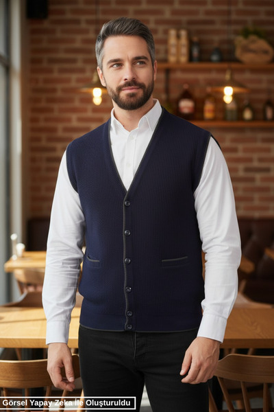 Kamalı Men's Navy Blue V-Neck Knitwear Buttoned Pocketed Striped Patterned Re...