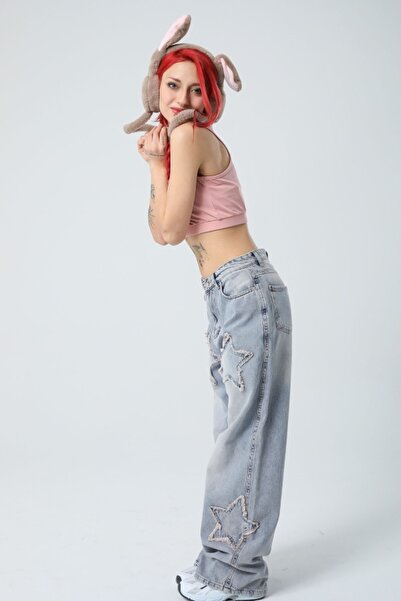 BİLBEC JEANS Y2k Stars Patch Detay Mavi Kar Yıkamalı Pantolon