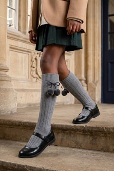 BONY SOCKS Kız Çocuk Ponponlu Gri Dizüstü Okul Çorabı