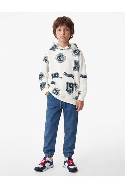 Koton Cotton Print Detailed Embroidered Long Sleeve Hooded Oversize Sweatshirt