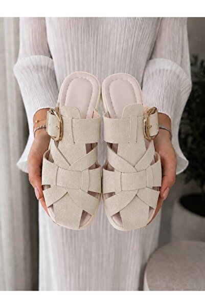 PLN SHOES Women's Studded Detailed Buckle Cage Model Suede Slippers 1.5cm