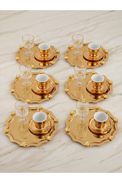 Elzemm store GOLD RENK 6 ADET YUVARLAK DALGALI JAPON GÜLLÜ SUNUM TEPSİSİ SERVİS