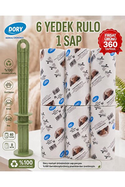 Dory Tüy Toplama Rulosu 6’lı Set + Sap – Evcil Hayvan Tüyü, Koltuk ve Kıyafet...