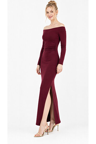 Kallisto Cherry Rot Off-The-Shoulder Waist Draped Side Slit Long Dress