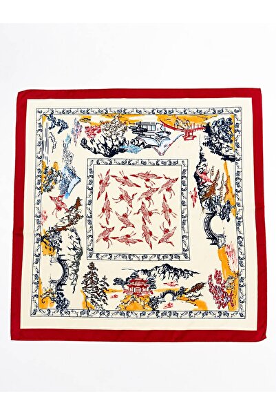Axesoire 13465-7 Etnik Desenli Kırmızı Kenarlıklı Saten Bandana Fular 70x70 cm