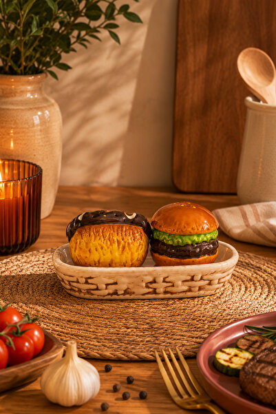 Porsima Mıo-038 Hamburger Motifli 2li Standlı Tuzluk Biberlik Seti