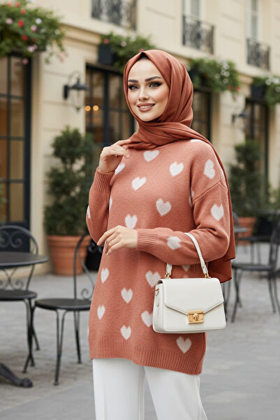 N.S NEVA STYLE Heart Patterned Salmon Hijab Knitwear Sweater Tunic 8688Smn