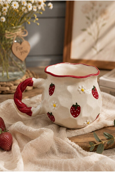 HİS Studio Handmade Ceramic Mug with Strawberry and Daisy Pattern |   Decorat...