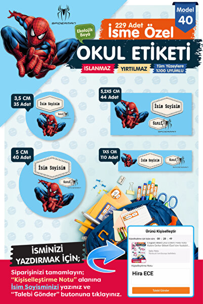 t tuğset etiket Okul Etiketi Spider Man Örümcek Adam Kalem Defter Etiketi Öze...
