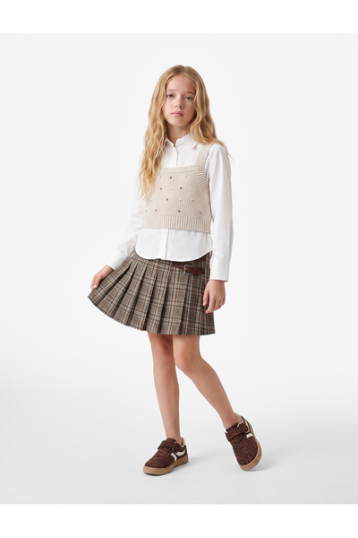 Koton Viscose Blended Plaid Pleated Skirt with Belt Detail