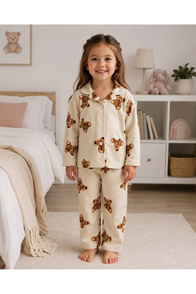 Fil Kids Girl's Milan Fabric Lycra Beige Color Teddy Bear Patterned Buttoned ...