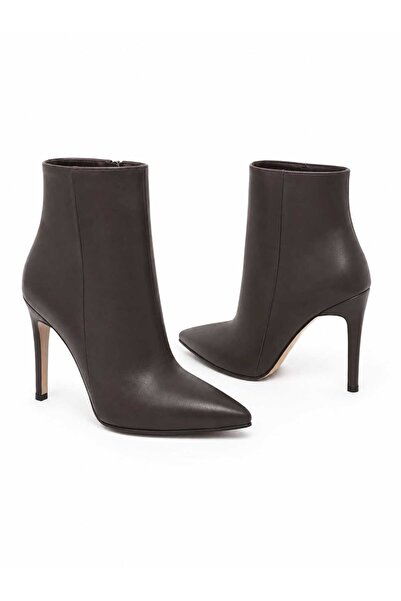 nuvilo Brown Skin 10.5cm Thin Heel Zipper Pointed Toe Women Boots