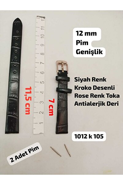Brality 12 mm Uyumlu Kol Saati Kordonu , SİYAH Renk KROKO Desenli Model , ROS...