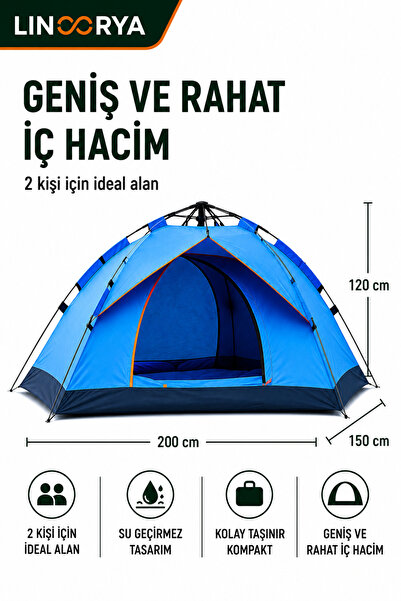 linarya 2 Kişilik Otomatik Kamp Çadırı 3 Saniyede Kurulum Su Geçirmez Taşıma Çantalı Outdoor Çadır