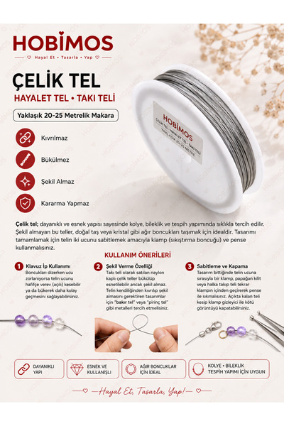 Hobimos 0,35 mm 40-50 Metre Çelik Tel, Boncuk Teli, Hayalet Tel, Takı Malzeme...