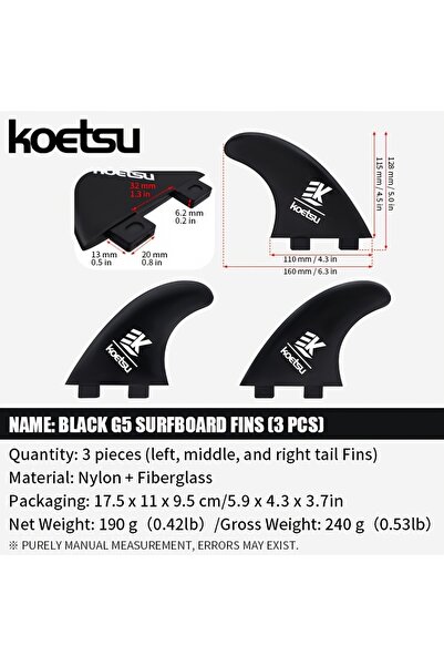 choice2 مجموعة KOETSU السوداء المكونة من 3 قطع من زعانف لوح التزلج G5 باللون ...