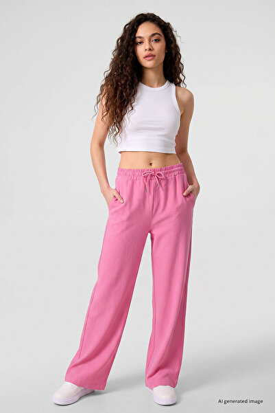 TOMMY LIFE Pantaloni Palazzo de damă, cu picioare largi, din in fucsia - 94675