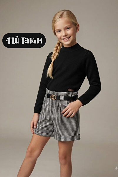 Hilal Akıncı Kids Girl's Knitwear Sweater Houndstooth Model Shorts Belt Black...