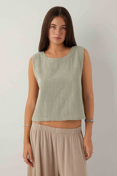 İpekçi Otantik Nomad Flam Textured Sleeveless Blouse Island Tea