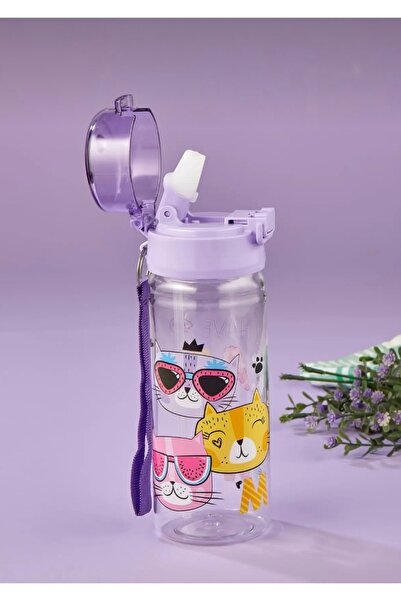 Kedi Desenli Pipetli Matara 500 Ml, Pipetli Matara 500 ml Gıda İle Temasa Uygun Polikarbon BPA FREE