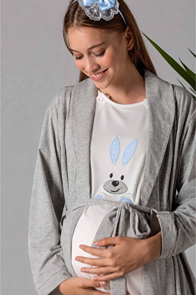 ByLohusa Effortt Maternity Maternity Pajama Set with Blue Dressing Gown
