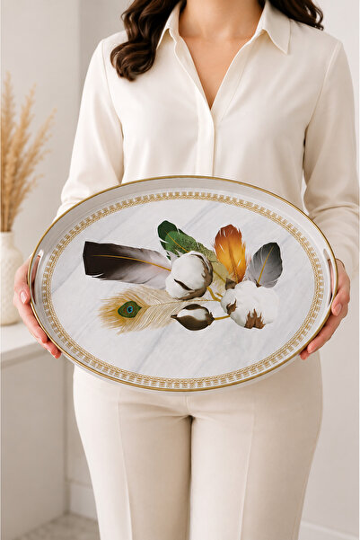 Zucci Yaldızlı Lüx Oval Beyaz Tepsi | 38x26 cm | Pamuk Desen Dekoratif Kahve ...