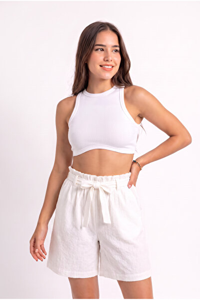 WeShaya Women's Ecru Cotton Drawstring Belted Tie-Up Shorts with Elastic Wais...