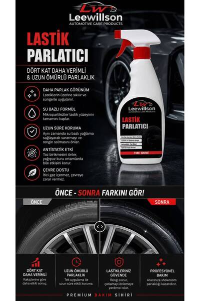 LeeWillson Lastik Parlatıcı Sprey 500 ml-Su Bazlı, Uzun Ömürlü, Koruyucu Etki...