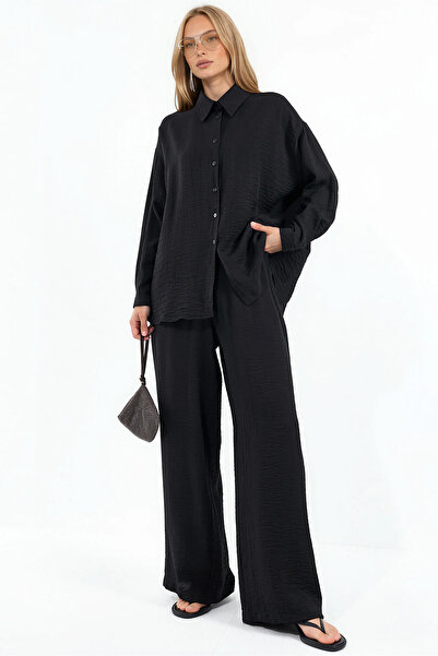 Merterium Women's Textured Shirt and Pants Two-Piece Set - Black 1413