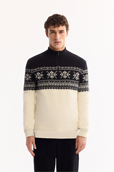 Avva Men's Black Stand Collar Zippered Soft Touch Patterned Knitwear Regular ...