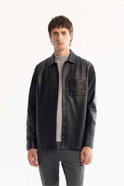 Avva Men's Black Classic Collar Faux Leather Comfort Fit Shirt Jacket A52Y6000