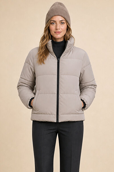 Firststops Women's Gray Padded Puffer Coat - High Collar, Water Resistant - C...
