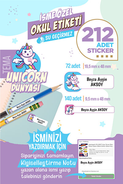colortouch 212 ADET Unicorn Dünyası Temalı Okul Etiketi Sticker Kalem Etiket ...