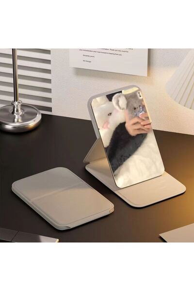 Choice Beige Desktop Makeup Mirror Solid Color PU Leather Simple Portable Han...