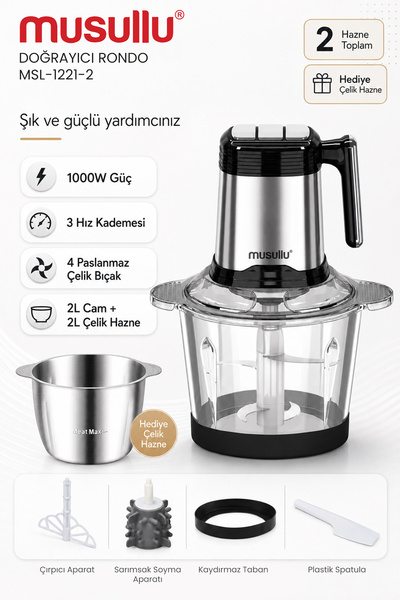 Musullu 1000w Bakır Motor Rondo Blender Doğrayici 2 Lt Çelik & Cam Hazneli Ms...