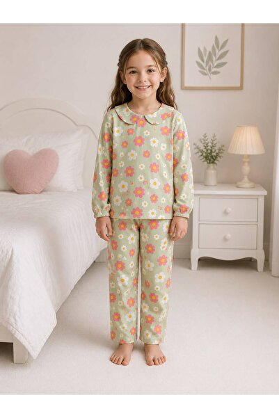 İsobel Girl's 100% Cotton Fabric Green Color Flowers Pattern Baby Collar Long...