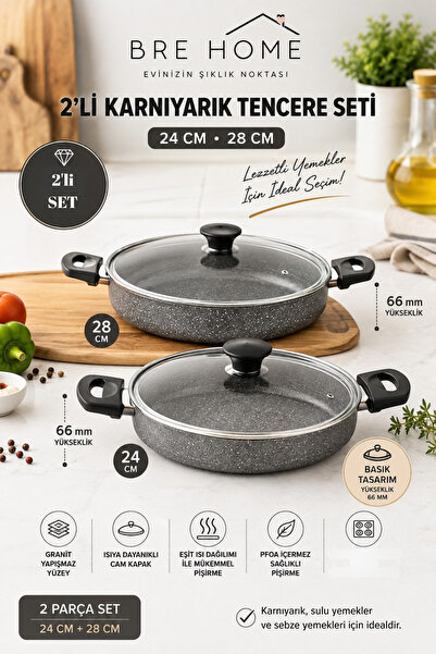 BRE HOME 24 cm/28 cm 2'li ezme granit karnıyarık tenceresi pilav tenceresi seti,