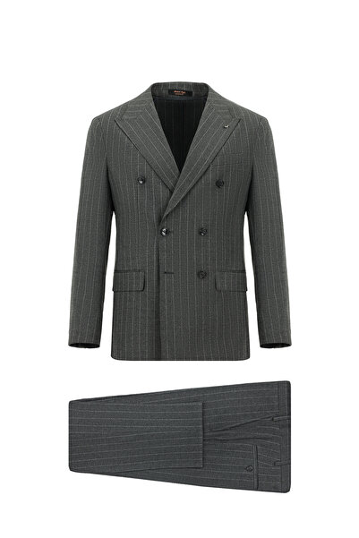 Abdullah Kiğılı 7 Drop Super Slim Fit Eksra Dar Kesim Yünlü Çizgili Kruvaze T...