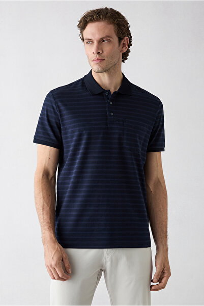 Kiğılı Regular Fit Buttoned Polo Collar Striped Pocket 100% Cotton T-Shirt