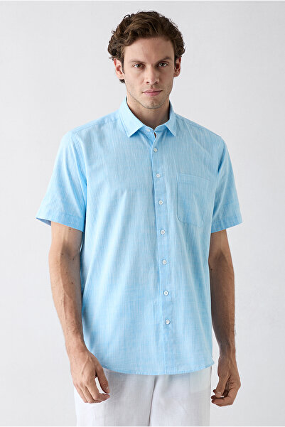 Kiğılı Short Sleeve Regular Fit Pocketed 100% Cotton Linen Look Shirt